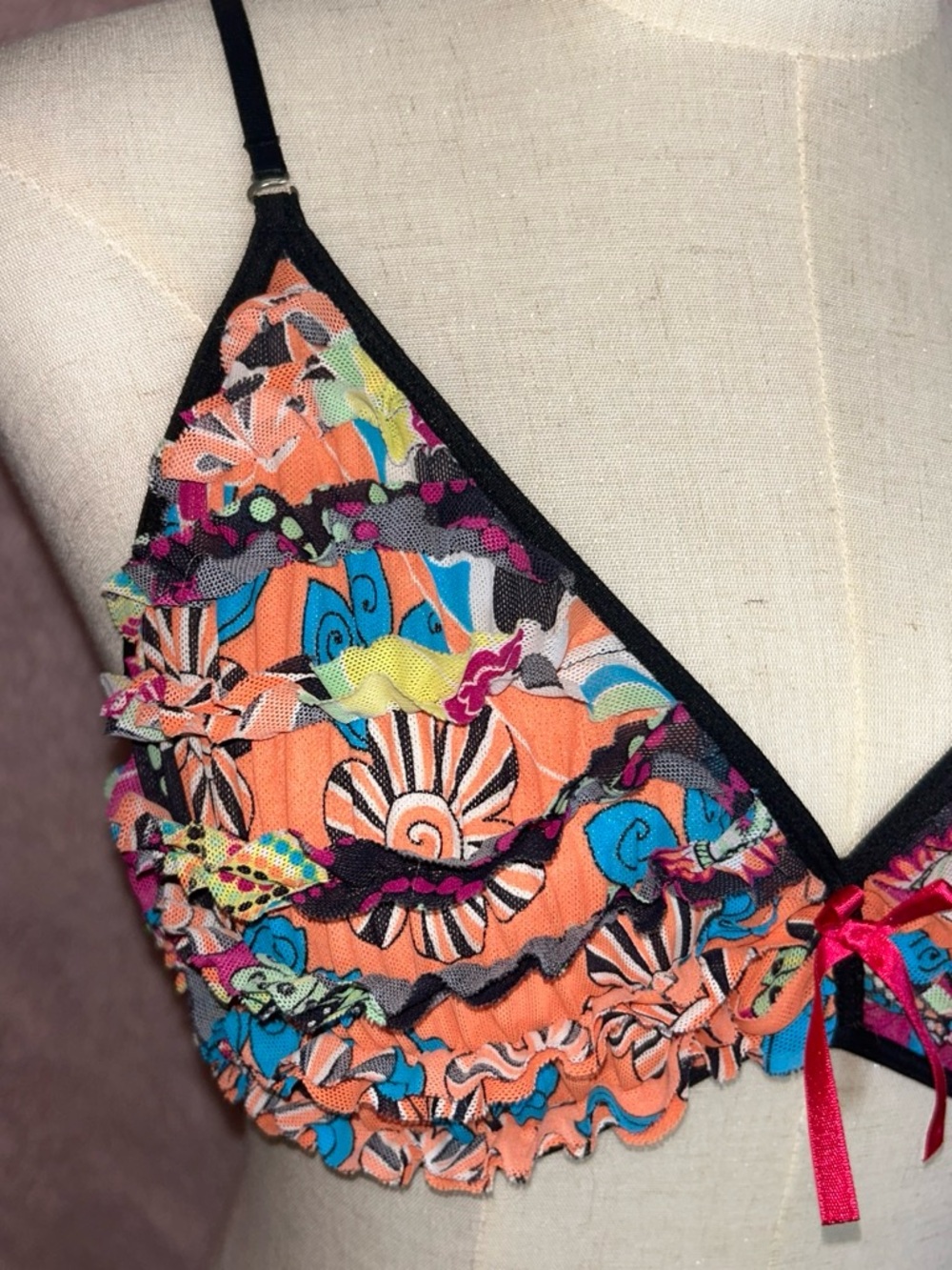 Multicolor Ruffle Bralette with Pink Bow - Picture 3 of 6
